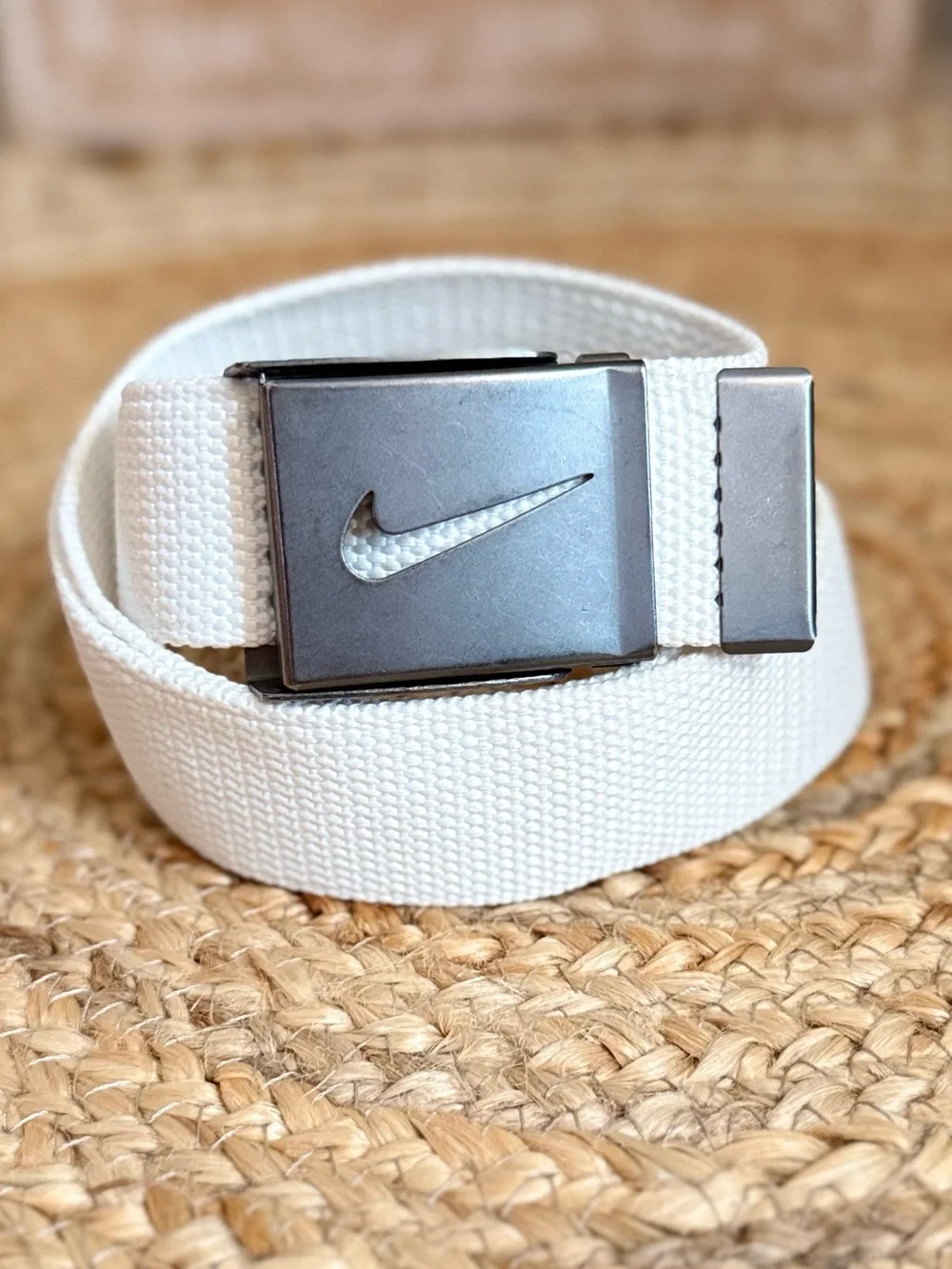 🌾 Nike White Webbed Canvas Belt with Silver Brushed Buckle